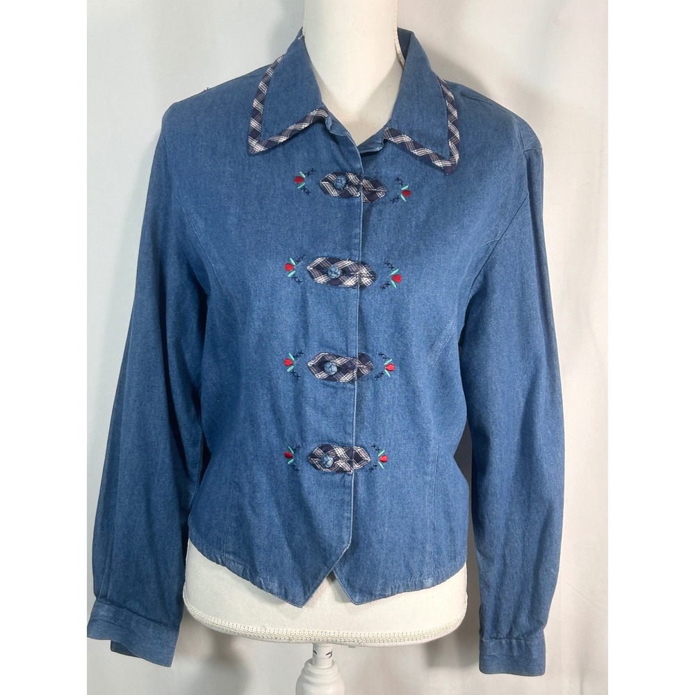 Vintage‎ Blue Denim Jacket Plaid Trim Frog Closure Floral Embroidery Cinch Back